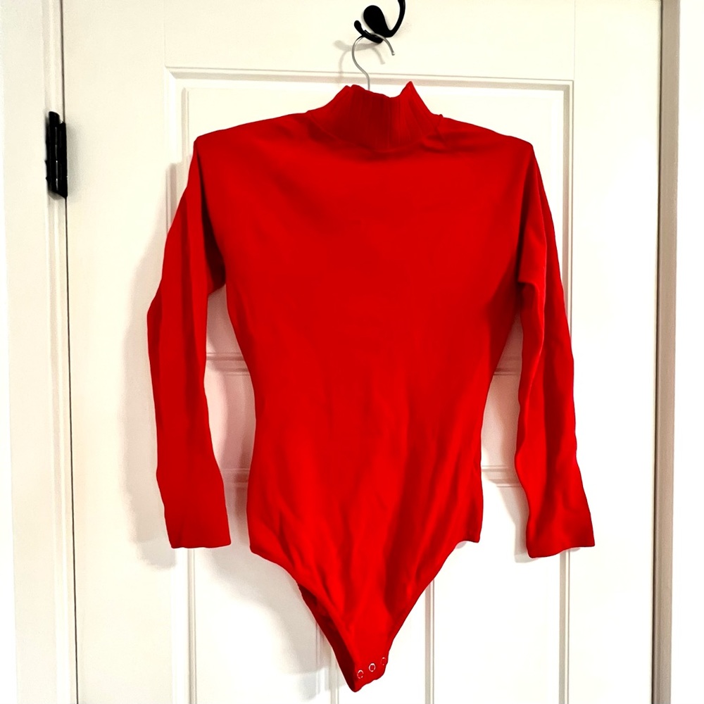 70s Vintage Knit Ribbed Neck Zippered Red Leotard Bodysuit with Snap Crotch